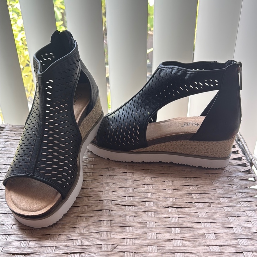 Corkys Sugar Momma Black Wedge Sandals with Perforated Gladiator Design